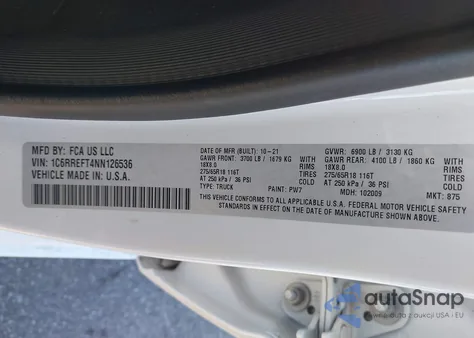 2022 Ram 1500 Big Horn z USA, uszkodzony, nr VIN 1C6RREFT4NN126536